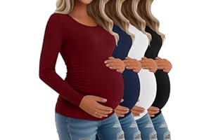 Riyiper 4 Pack Women's Maternity Shirts, Long Sleeve Cotton Ribbed Pregnancy Tee Top Crewneck Side Ruched Casual Mama Clothes