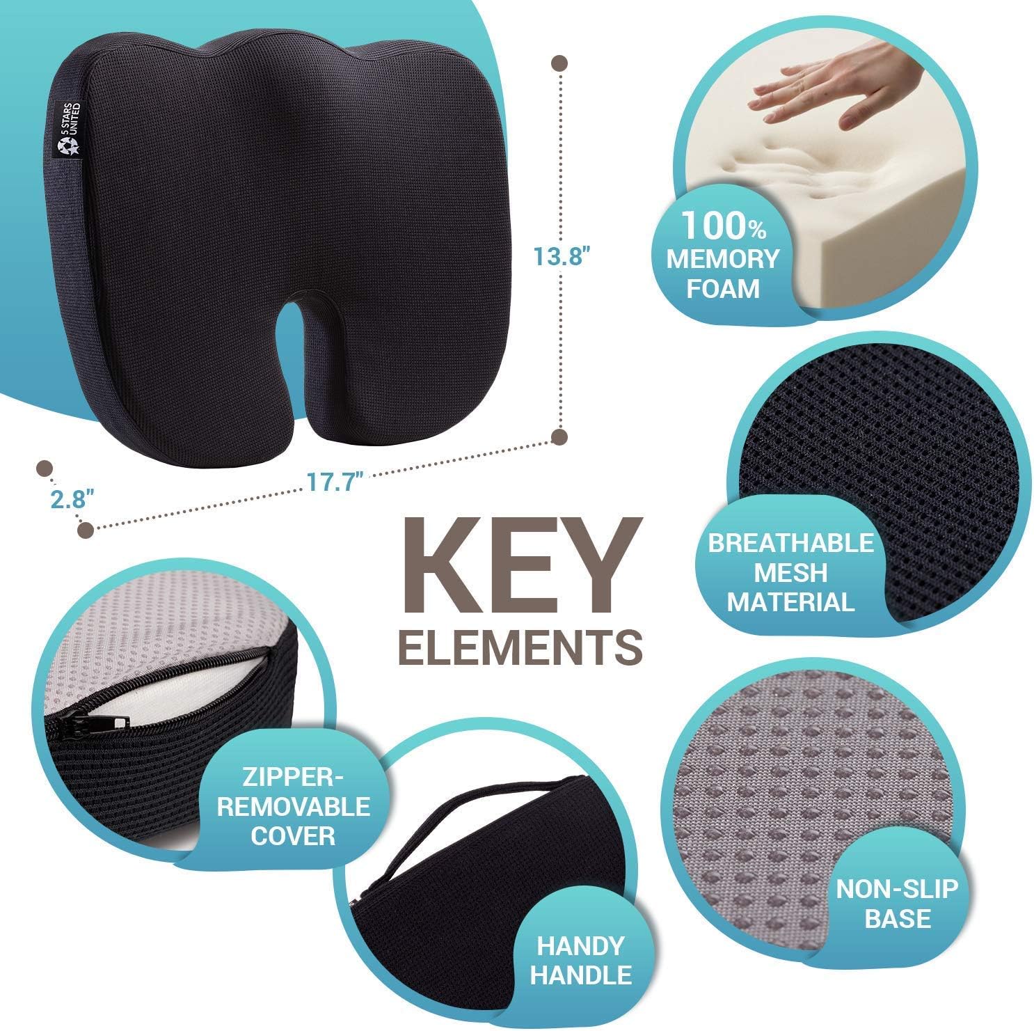 Seat Cushion Pillow for Office Chair - 100% Memory Foam Firm Coccyx Pad - Tailbone, Sciatica, Lower Back Pain Relief - Contoured Posture Corrector for Car, Wheelchair, Computer and Desk Chair : Office Products