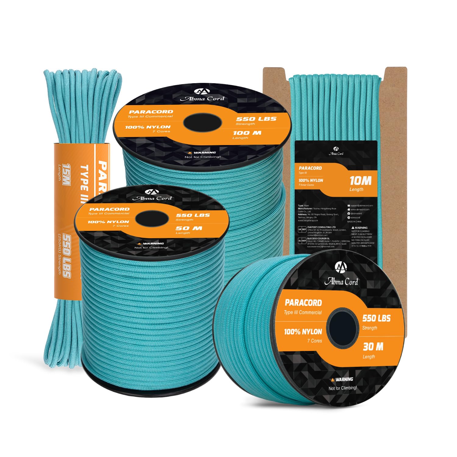 Abma Cord Paracord 550 4mm 15m 100% Nylon Rope Type III 7 Strands Parachute Cord for DIY, Camping, Survival, Outdoor - Max. 250kg - Turquoise