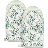 Slohif Sage Green Mini Oven Mitts Set – Flower Extended Short Heat Resistant Kitchen Gloves for Women, 100% Cotton Oven Mitts with Silicone Grips, Non-Slip and Thick Durable for Cooking & Baking