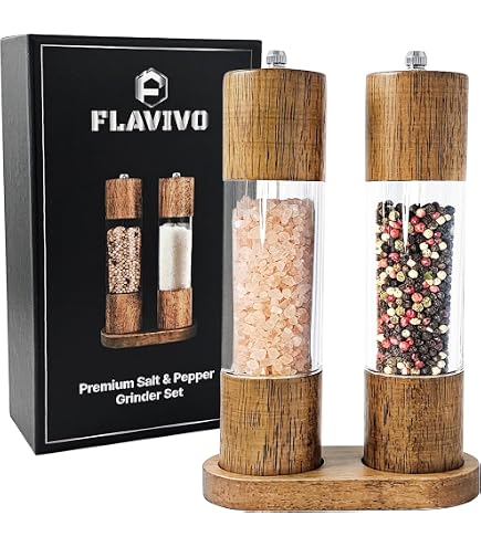 GenieX PRINCE Wooden Salt & Pepper Grinders Set - Acacia Wood, 8 Inch, With Tray, Adjustable Coarseness