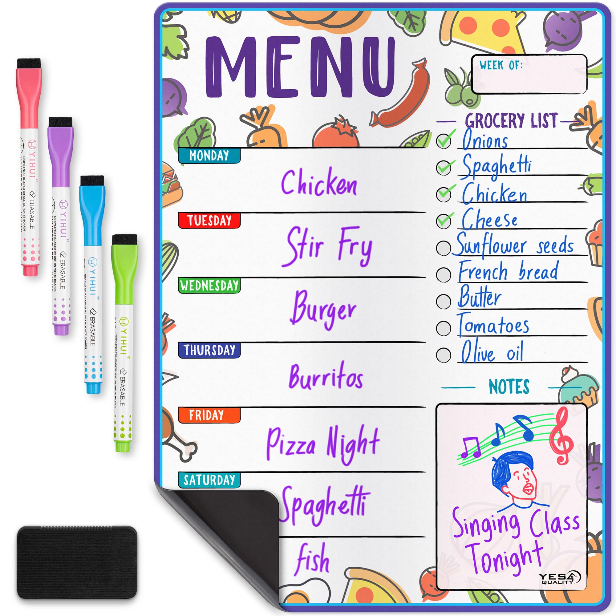 Magnetic Dry Erase Menu Board - A3 / 40x30 cm, Fruit - Weekly Meal Planner Whiteboard for Fridge - Use for Dinner Menus & Grocery Lists - Includes 4 Magnetic Markers & Eraser - by Yes4Quality