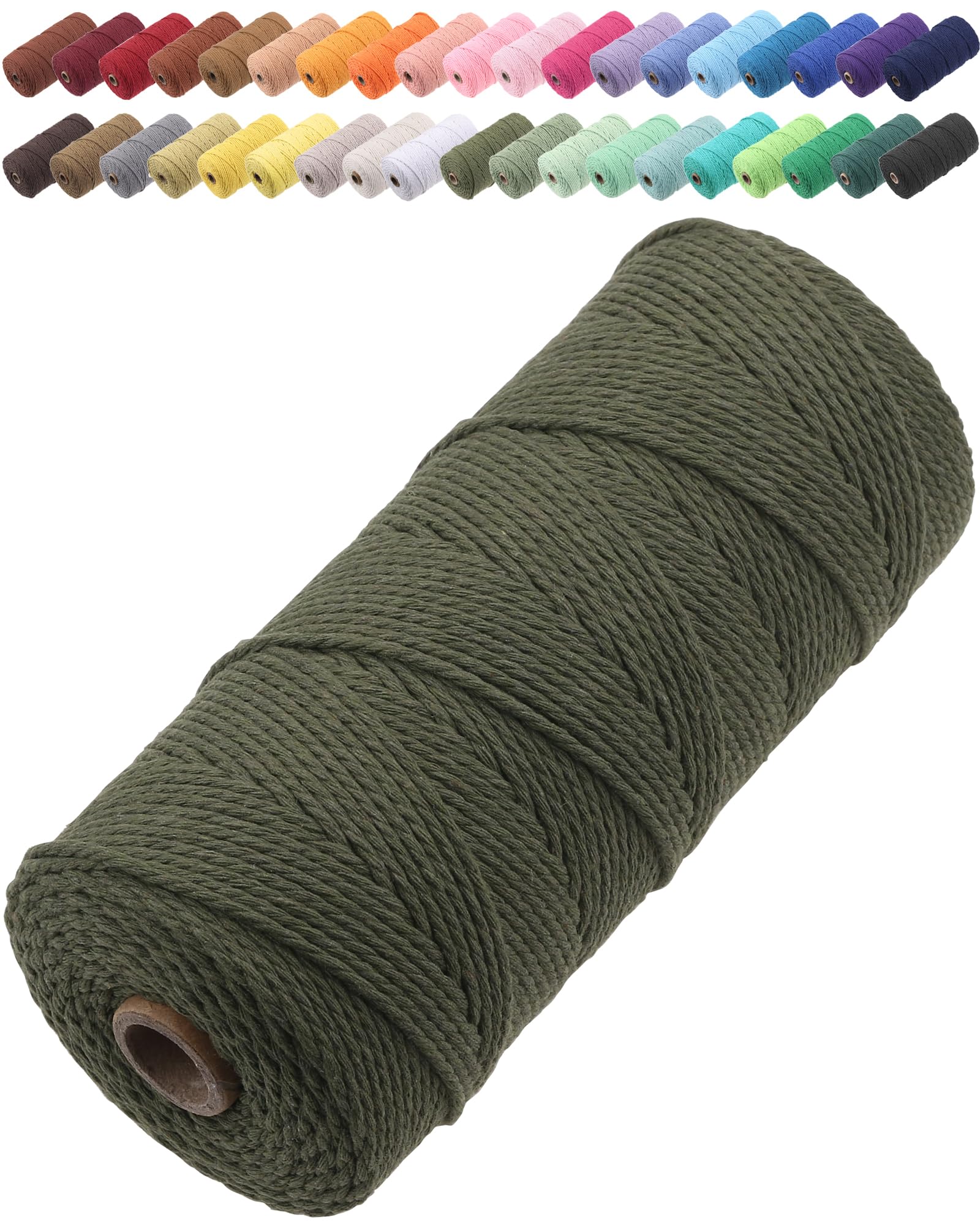 GOHOF Macrame Cord 2mm x 205m Premium Cotton Macrame Rope, 3 Strand Twisted Soft Cotton Cord, One of The Most Perfect Materials for Macrame Art, Cotton String Without Chemicals (Olive Green)