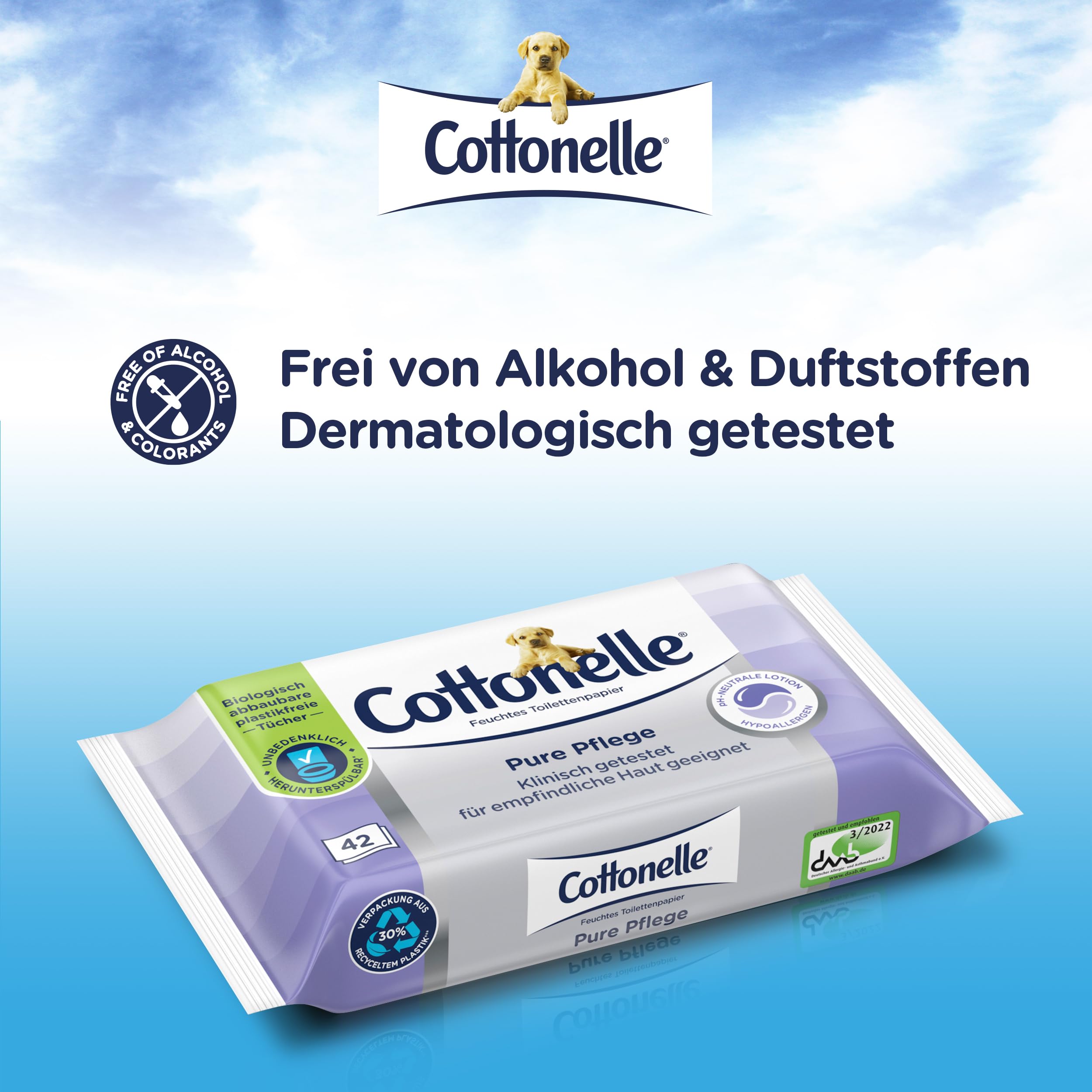 Cottonelle Feuchtes Toilettenpapier Pure Pflege, ultra-sensitive, 99% Wasser, 12 x 42 Tücher, parfümfrei & hypoallergen 4