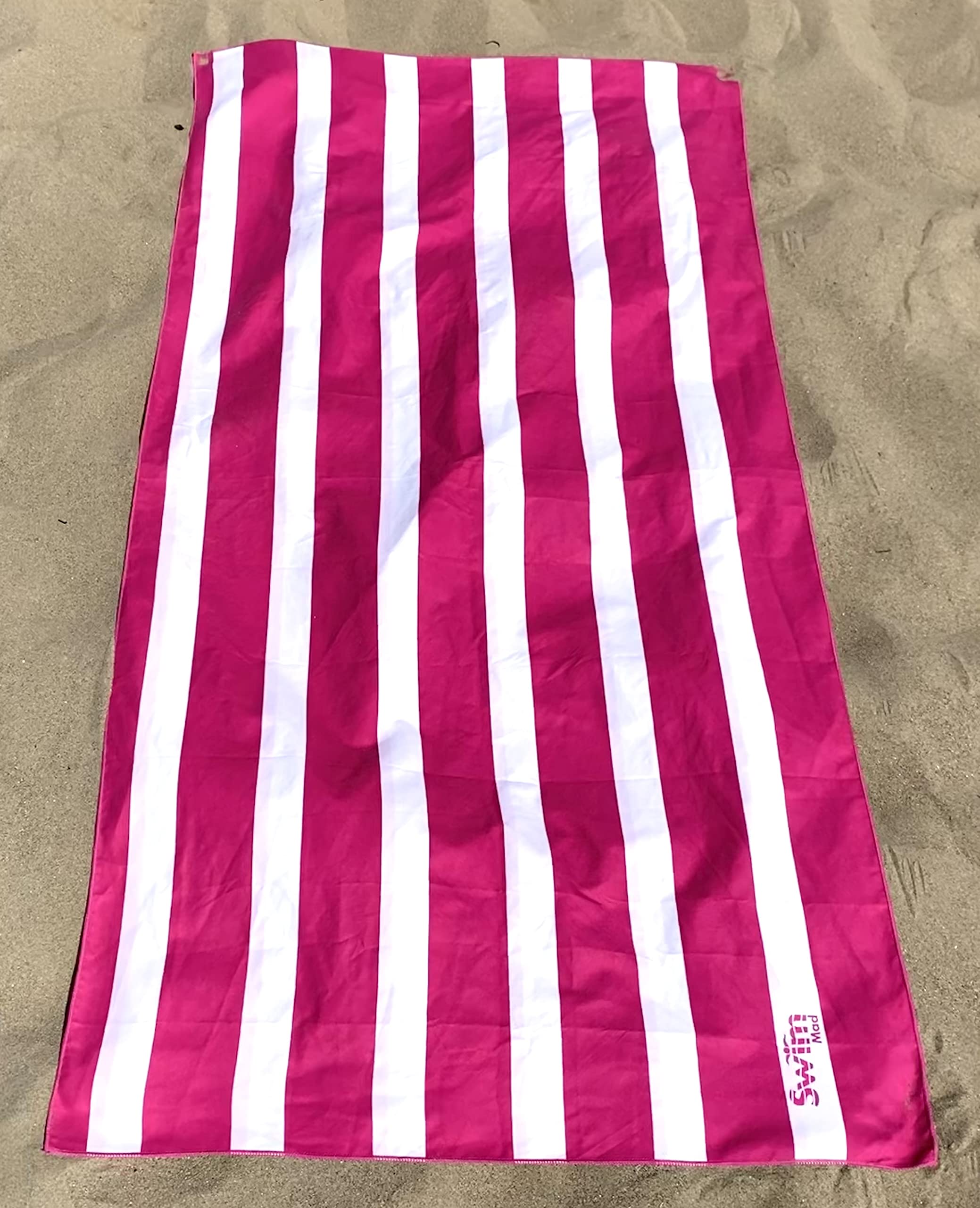 SwimMad Beach Towel 200x90cm XL, Quick Dry, Sand Free, Compact, Lightweight Microfibre for Travel - Cabana Stripes (Pink, Extra Large (200x90cm))