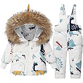 Fewlby Snowsuit Kids 2-Piece Ski Suits Set, Hooded Puffer Down Jacket Snow Bib Pants, Toddler Winter Outfit Cartoon Skisuit