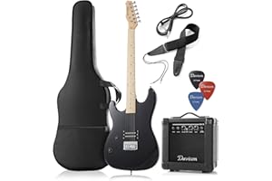 Davison Guitars Left Handed Electric Guitar with 10-Watt Amp, Black - Full Size Beginner Kit with Gig Bag and Accessories