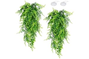 QUOZUO 2 Pack Reptile Plants Terrarium Hanging Plant Artificial Leaves Reptile Hide with Suction Cup, Reptile Tank Accessories for Bearded Dragon Lizard Snake Geckos Chameleon