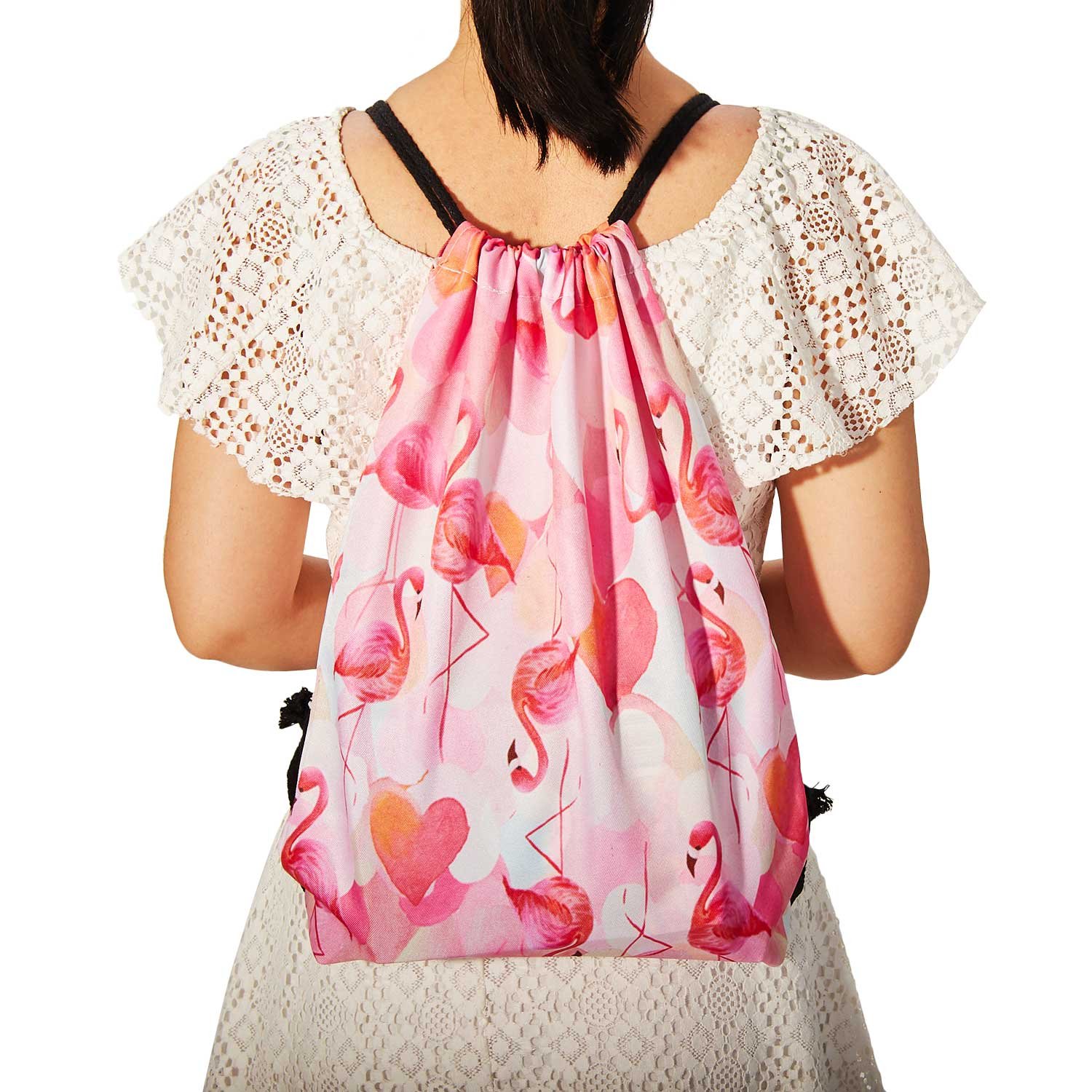 TUONROAD Cute Drawstring Dance Bag Small Cinch Sack Cosmetic Hot Pattern Pink Flamingo Orange White Heart Shape Pouch Cosmetic and Toiletry Bags Gift for Girls Ladies Shopping Jogging