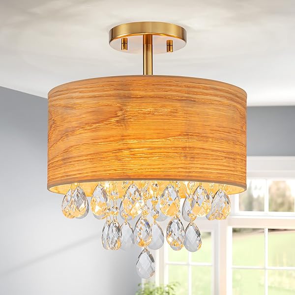 PINE FLICKER 3-LIGHT DRUM WOOD & K9 CRYSTAL...