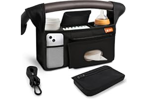 Baby Uma Universal Stroller Organizer Bag - Stroller Caddy Organizer with XL Insulated Cup Holder (x2), Phone Holder, Wipes Dispenser, Zip-Off Wrist Bag & Clip-On Shoulder Strap, Baby Travel Gear
