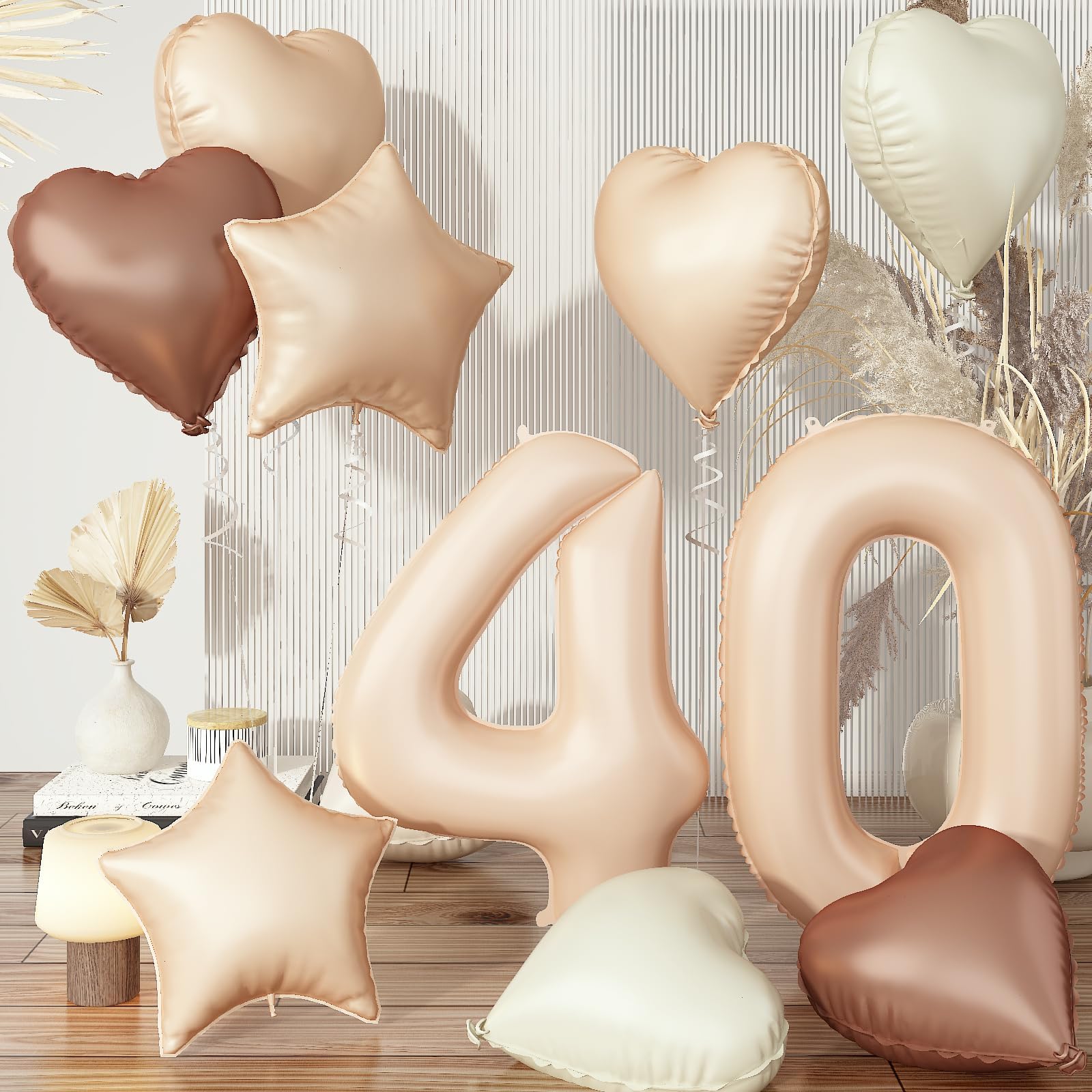 Photo 1 of 40th Birthday Balloons Decor, Helium Apricot Beige 40 Balloon, Neutral Brown Tan White Sand Cream Heart Balloon Foil Nude Taupe Star Balloons for Women Birthday Wedding Anniversary Party Decoration