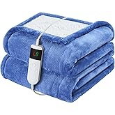 DANENOSA Electric Heated Blanket Throw Size 50''x60'' Soft Flannel & Sherpa Electric Blanket with 10 Heating Levels, Automatically Shut Down After 8h with Overheat Protection Machine Washable