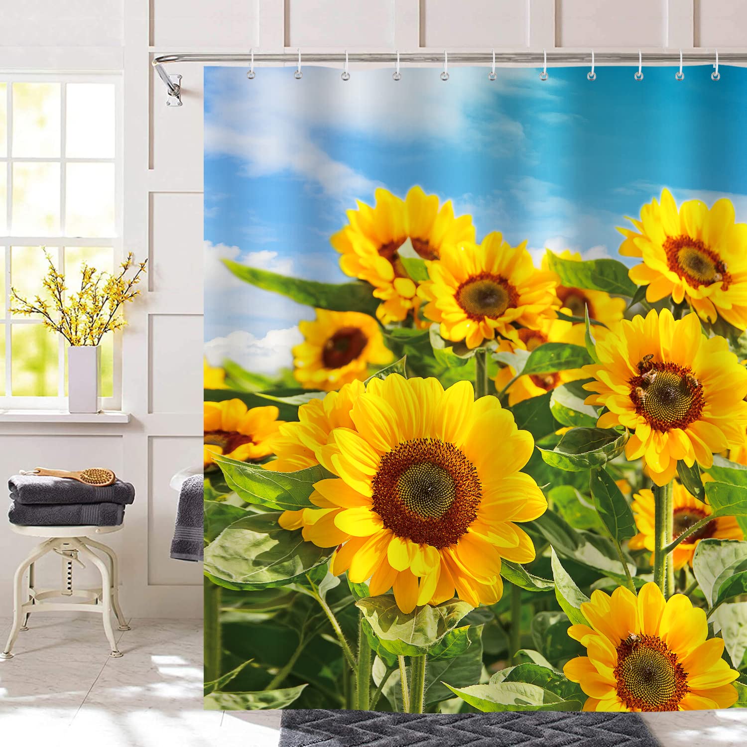 Bonhause Sunflower Garden Shower Curtain 180 x 180 cm 3D Scenery Bathroom Curtain Mildew & Mould Resistant Polyester Fabric Bath Curtain with 12 Hooks