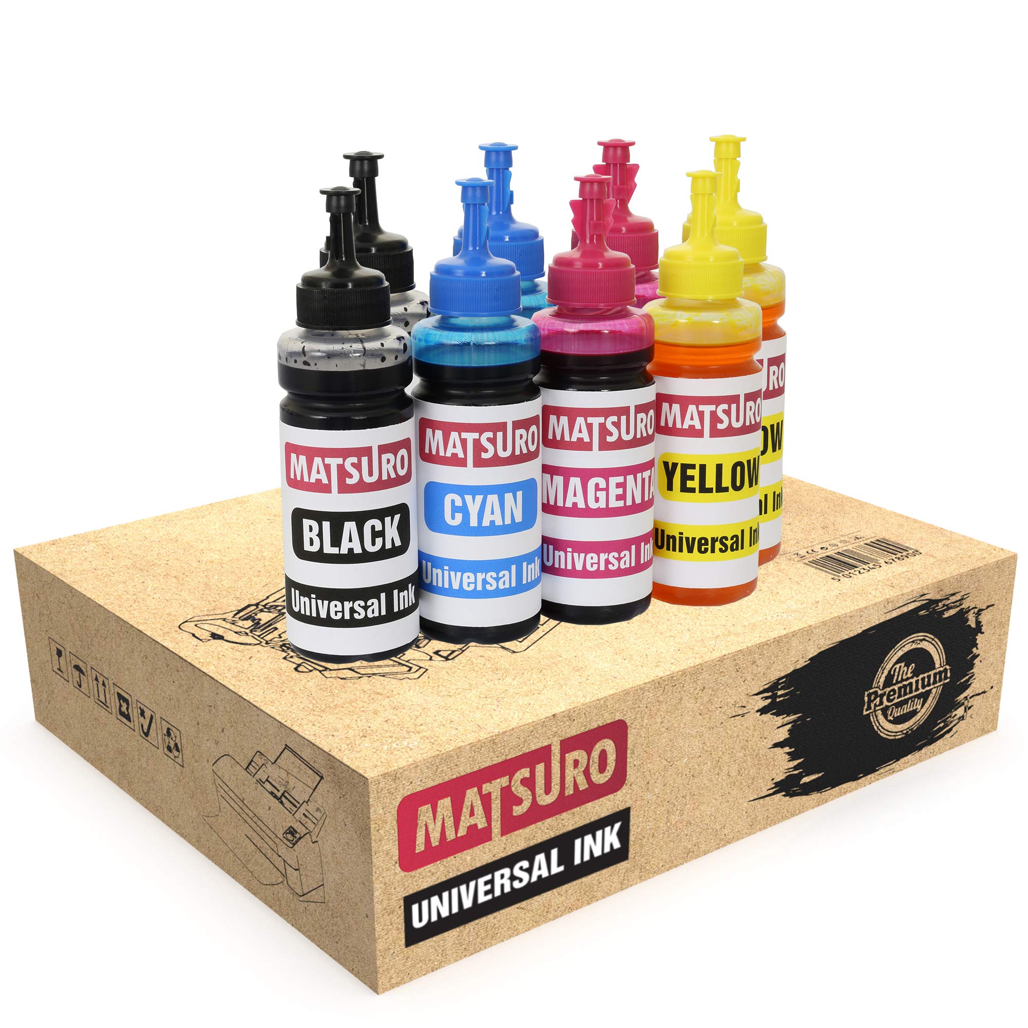 Matsuro Original | Compatible Universal Refill Ink Bottles Replacement for CANON HP EPSON BROTHER LEXMARK DELL RICOH (8 x 100 ml | 2 SET)