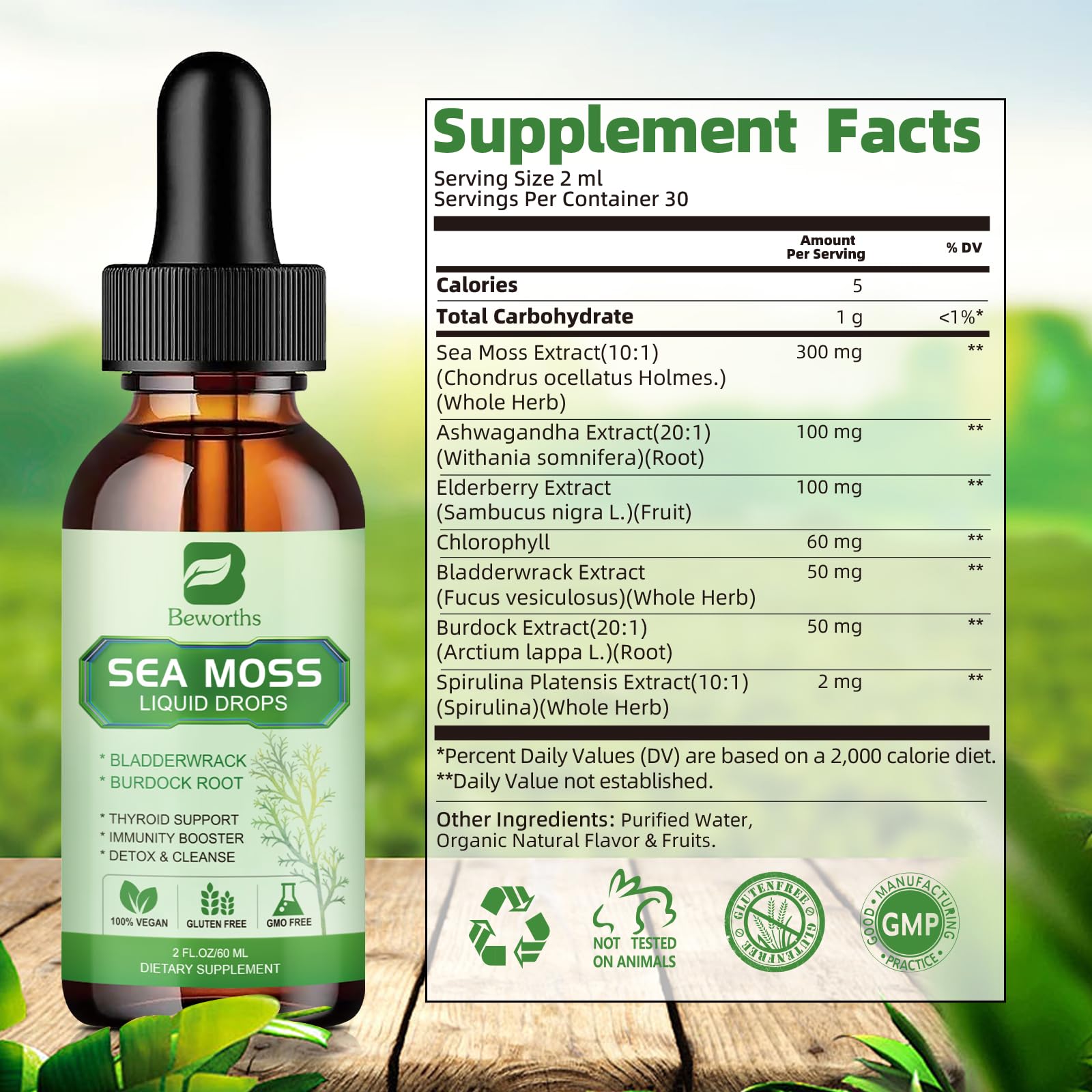 B BEWORTHS Sea Moss Liquid Drops - Organic Irish Sea Moss Gel with Spirulina, Bladderwrack, Burdock Root, Seamoss Gel Supplement for Joint, Detox Cleanse & Digestion Support - 2 Fl Oz, Vegan