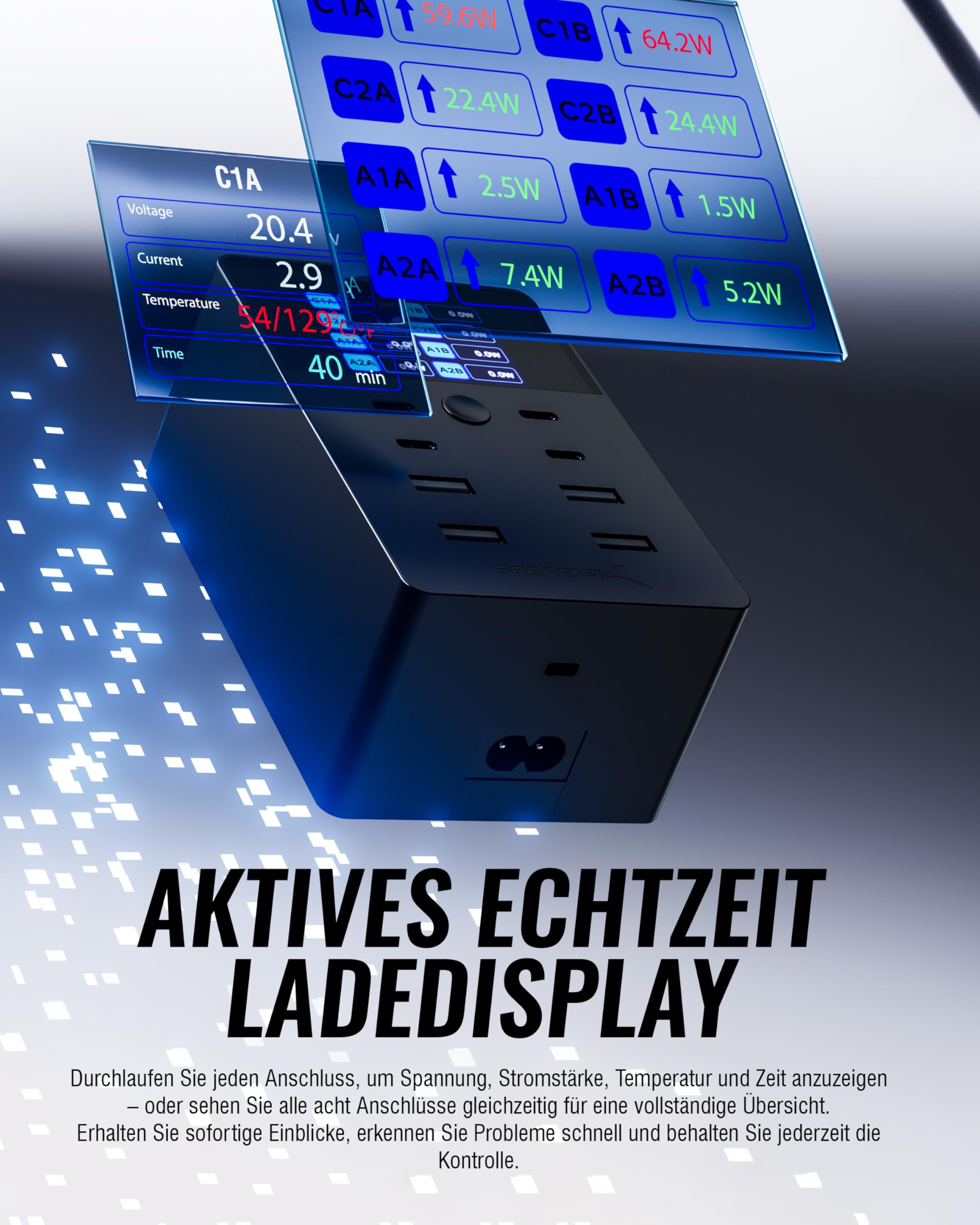SABRENT USB Ladestation 252W 8-Port PD 3.0 mit LCD Display - GaN Charger Ladegerät - Schnelle Charging Station für USB-C & USB-A Geräte, Laptops, Smartphones - PPS, Überladungsschutz (AX-8PTC) 3