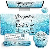 LIMKRIAN Desk Mat Pad Set, Large Mouse Pad with Wrist Rest, Stay Positive | Ergonomic Mouse Pad, Gaming Computer Keyboard Mat Wrist Support, Coaster, Home Office Desk Accessories Decor Supplies