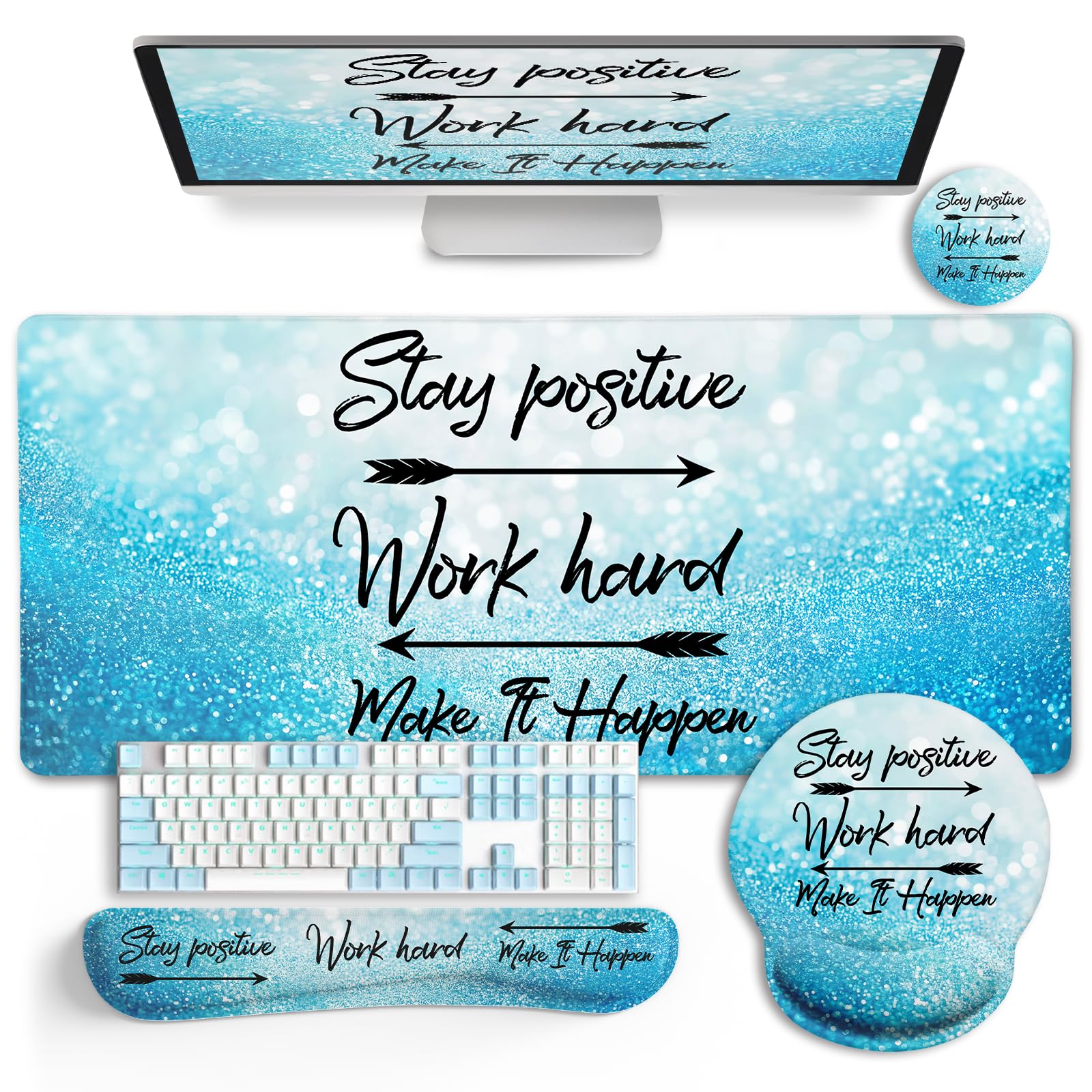 Photo 1 of LIMKRIAN Desk Mat Pad, XXL Large Gaming Mouse Pad with Wrist Rest Wrist Support, Ergonomic Mouse Pad, Keyboard Wrist Rest, Coaster, Home Office Desk Accessories Decor Supplies, Stay Positive