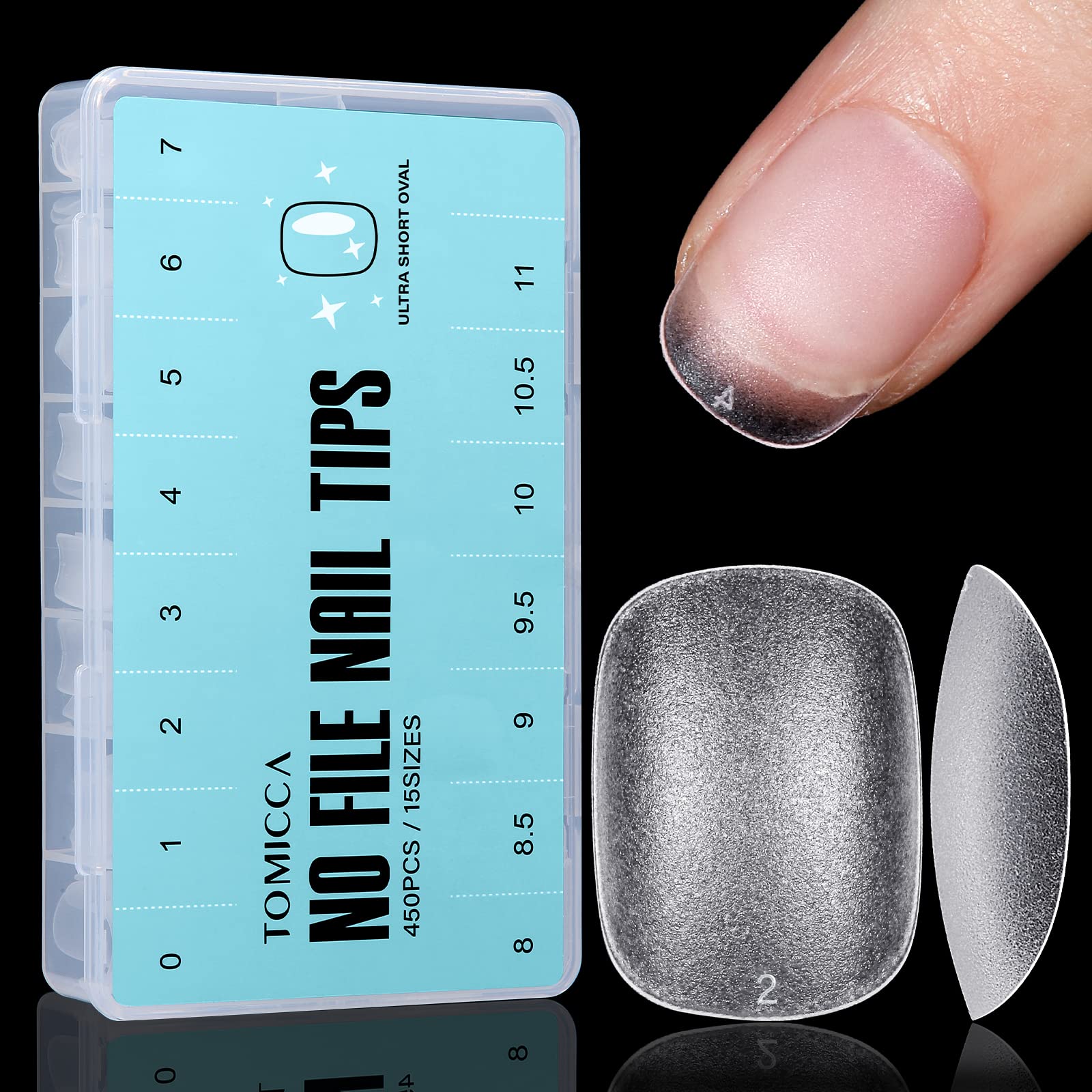 TOMICCA Extra Short Oval Nail Tips - 450Pcs Soft Acrylic Nails Tip, 15 Sizes Double-sided Matte No File False Tips, Strong Full Cover Short Gel Tips for Nail Extensions