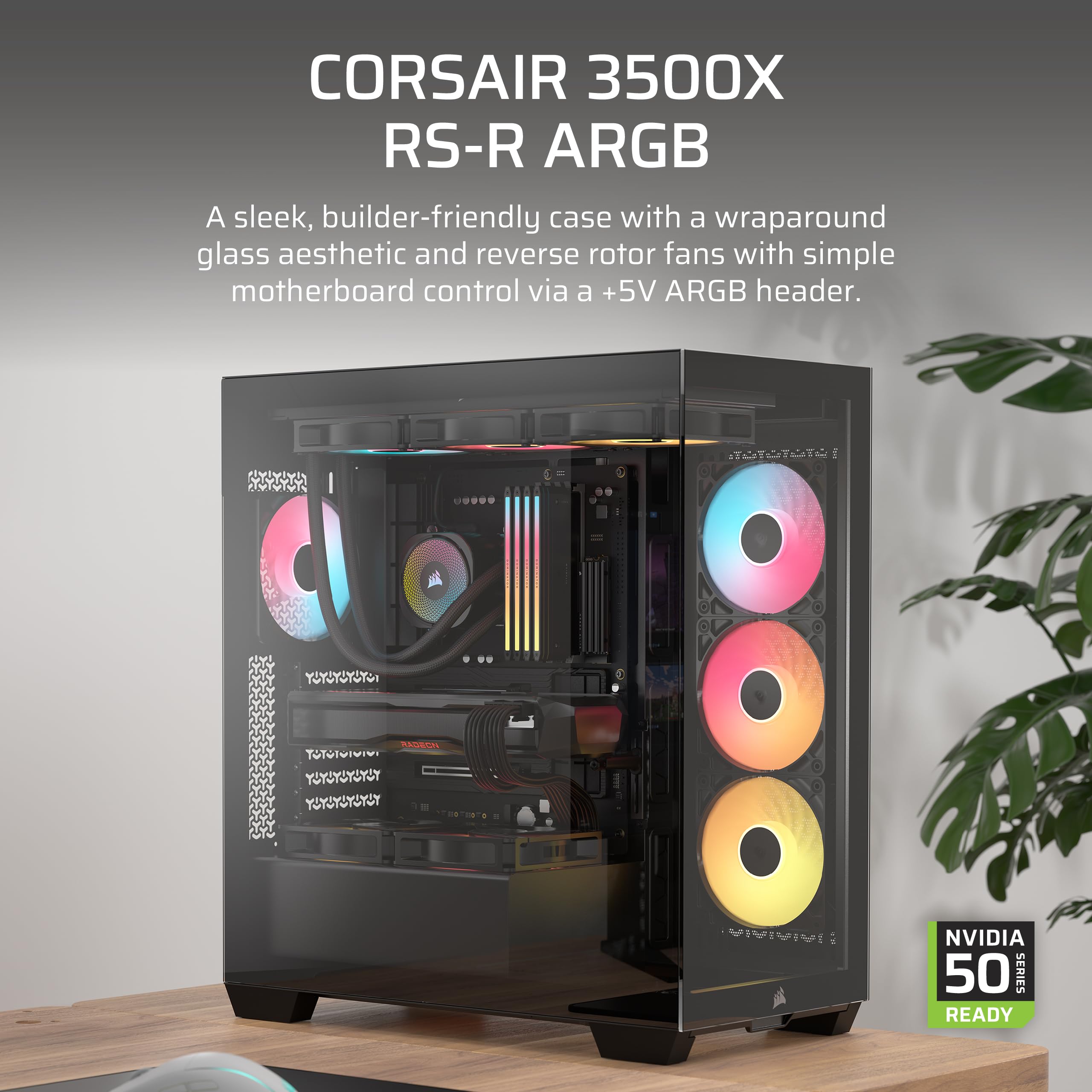 CORSAIR 3500X RS-R ARGB Panoramaglas Mid-Tower-PC-Gehäuse – 3 x RS120-R ARGB-Lüfter Inklusive, Platz für bis zu 10 x 120-mm-Lüfter, Kompatibel mit Motherboards mit Rückseitigem Anschluss – Schwarz 2