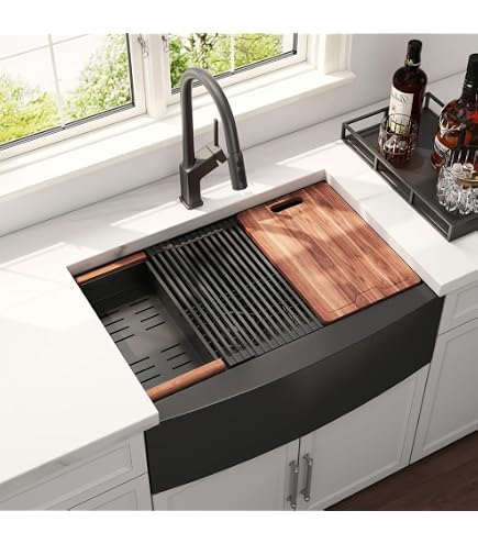 Black Farmhouse Sink 33x22x10 Inches – 16 Gauge Stainless Steel Undermount Kitchen Sink With Workstation Ledge & Accessories