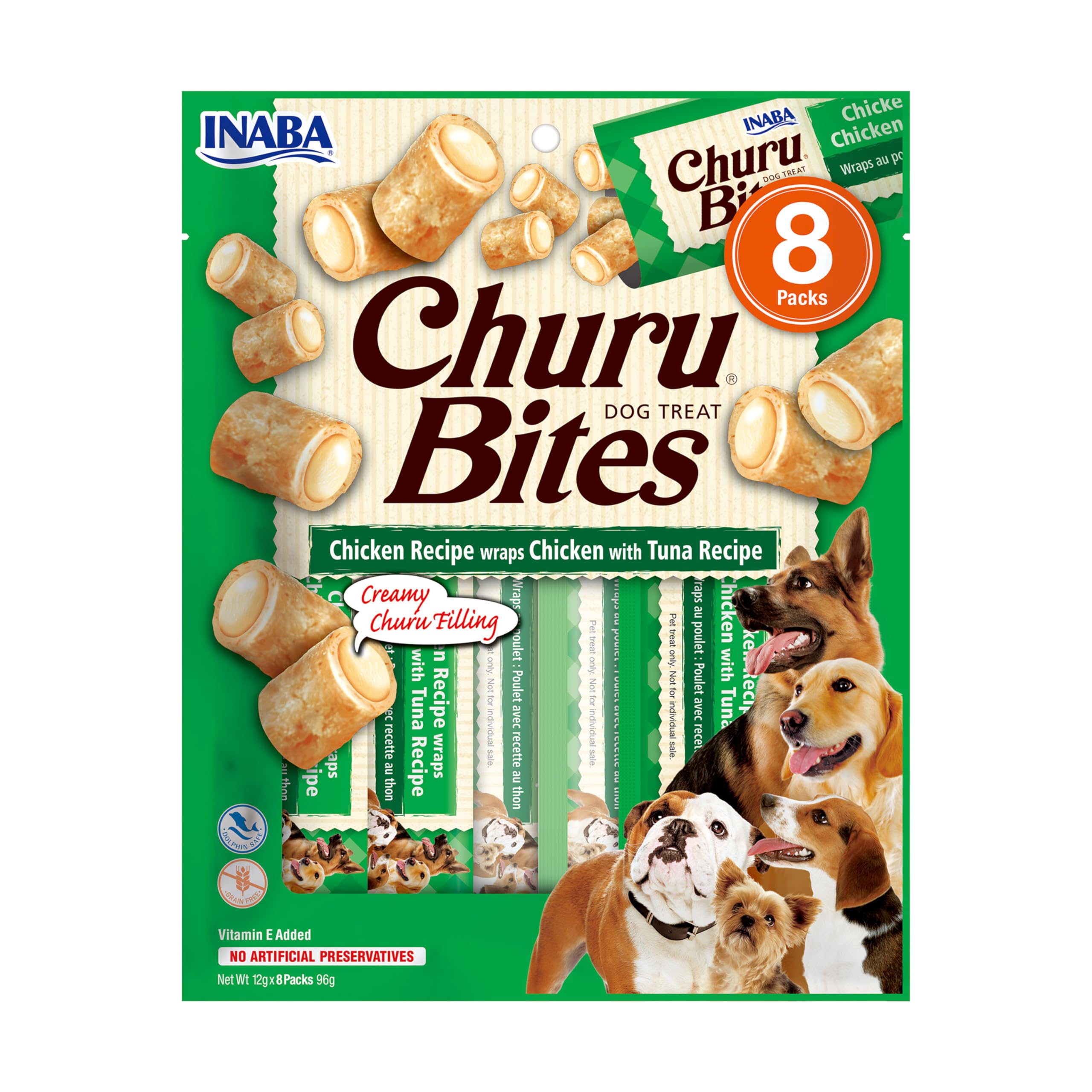 Churu Bites by INABA Dog Treat - Chicken & Tuna Flavour (8 x 12g) / Crispy Pouches with Creamy Filling, Delicious & Healthy Snack for Dogs, Training Treat, Natural, Grain Free