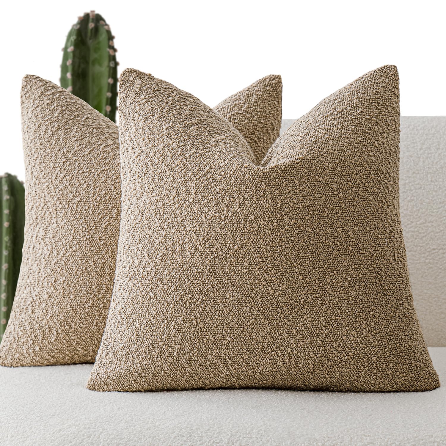 Foindtower Pack of 2 Textured Boucle Throw Pillow Covers Accent Solid Pillow Cases Cozy Soft Decorative Couch Cushion Case for Chair Sofa Bedroom Living Room Home Decor, 20 x 20 Inch,Taupe Khaki Camel โ image 1