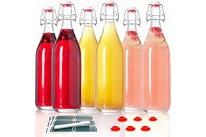 OTIS CLASSIC Otis Swing Top Glass Bottles with Plastic Caps - 1 Liter, 6 Pack - Clear Glass 32oz Bottle for Kombucha Fermenting, Beer Brewing, Juicing, Wine, Milk
