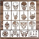 Yanroom 16pcs Skull Stencils for Painting on Wood Skeleton Stencil Reusable | Flame Hand Finger Fire Skull Templates for Airbrushing Art Crafts Plastic Wood Burning Stencils for Wall Canvas