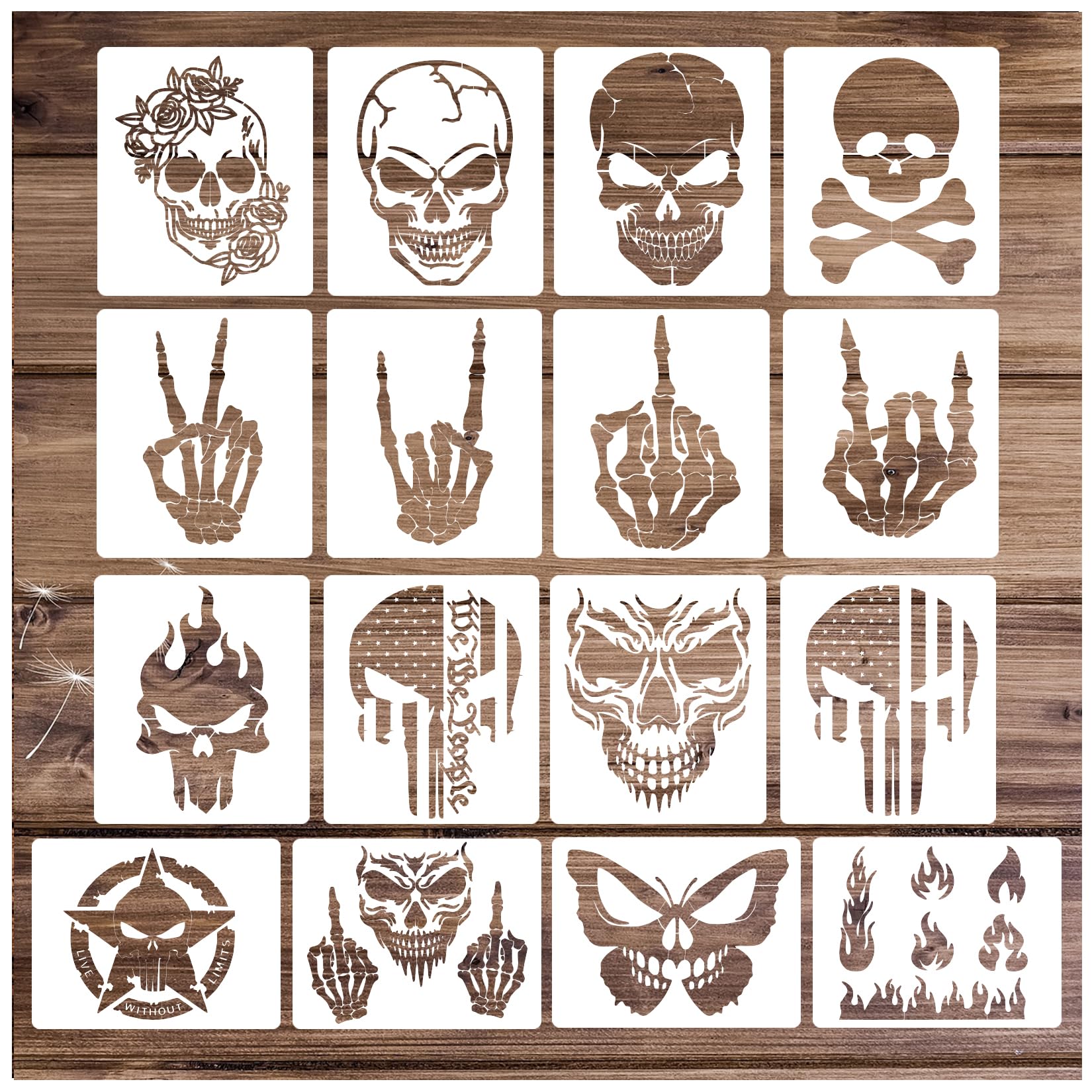 Yanroom Skull Stencils for Painting On Wood Flame Skeleton Hand Finger Fire Templates for Airbrushing Art Crafts Plastic Reusable Wood Burning Stencils for Wall Canvas (Skull)