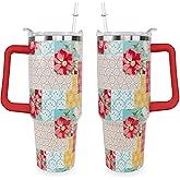 Sunmdecor Mother's Day Gift for Mom Grandma - Pioneer Woman Tumbler with Handle and Silicone Straws - 40 Oz Flower Cups Insulated Tumbler - Birthday Gifts for Women Girlfriend