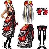 Hercicy 4 Pcs Halloween Day of The Dead Costum for Women Skeleton Mexican Lady Skull Outfit Dress Headpiece Glove Sock