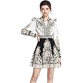 LAI MENG FIVE CATS Women's Floral Print V-Neck Button up Lantern Sleeve Casual Mini Dress