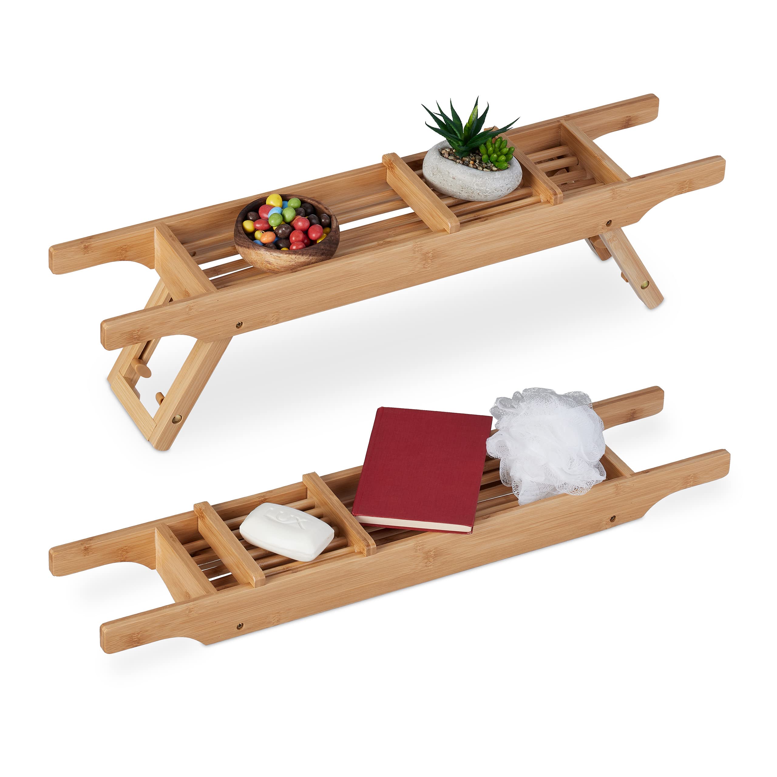 Relaxdays Bathtub Tray, Bamboo, 69 cm Wide, Caddy with Folding Legs, Over The Bath Rack with Soap Dish, Natural