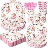 300Pcs Fairy Plates and Napkins Tableware Set (Serves 50 Guests), Plates Napkins Cups Straws and Forks Sets, Fairy 1st 2rd First Birthday Fairies Enchanted Themed Baby Shower Party Decorations