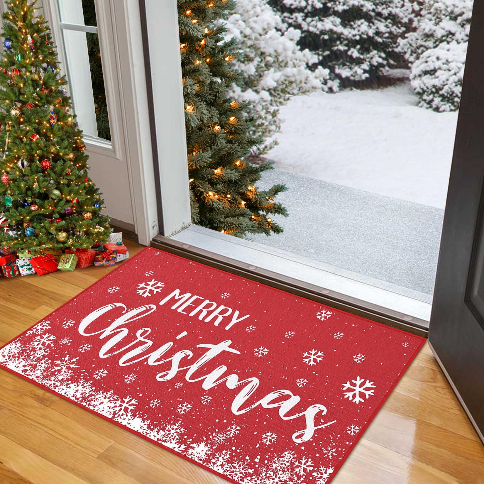 CAROMIO Merry Christmas Doormat Xmas Holiday Red Christmas Snowflake Welcome Mat for Home Decoration Non Slip Backing Doormat Outdoor Indoor Entrance Floor Mat 50x80cm