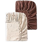 TADO MUSLIN Baby Crib Sheets 2 PCS, 100% Organic Cotton Crib Sheet for Standard Crib Mattress(52”x 28”), Fitted and Soft Breathable Muslin Crib Mattress Sheet for Girl and Boy (Star, Brown)
