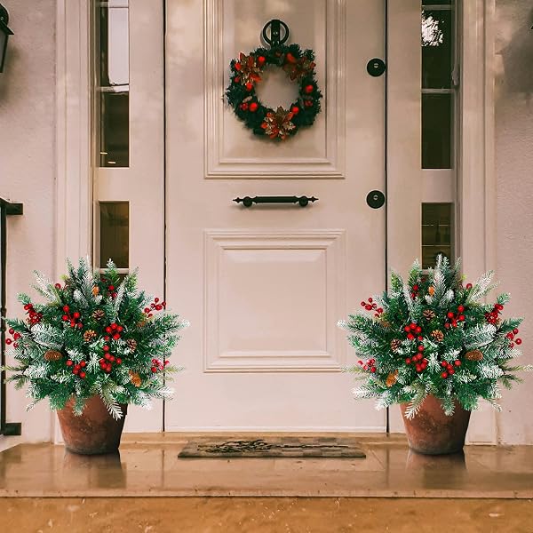 2 PACK LIGHTED ARTIFICIAL CHRISTMAS URN FILLER, BATTERY OPERATED PRE-LIT MINI XMAS TREES, TRIPOD STAKE AND LED LIGHTS CHRISTMAS PORCH DECORATIONS FOR PORCH, YARD, GARDEN, FLOWER BEDS（MULTICOLOR）