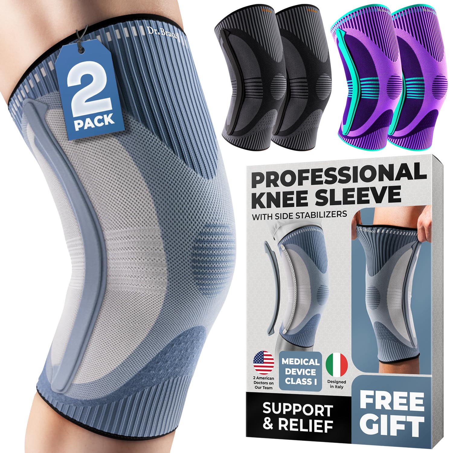 Photo 1 of DR. BRACE ELITE Knee Brace with Size Stabilizer (2 Pack) Knee Brace for Women & Men, Workout, Sports, Daily Knee Compression Sleeve for Maximum Knee Pain Support & Fast Recovery (Uranus, Large)