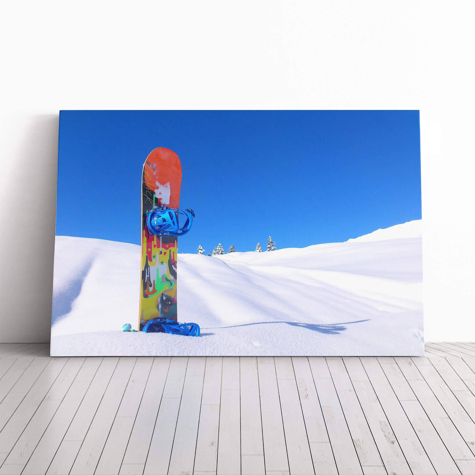 Snowboard in The Snow Canvas Print | Gallery Wrapped 30mm Frame Wall Art | 20x14 inches | Ready to Hang | Contemporary Landscape Picture | Living Room Bedroom Lounge Office