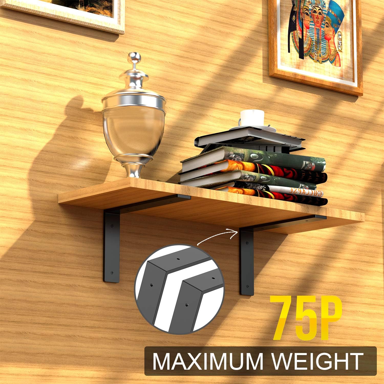 Shelf Bracket Metal Black Wall Bracket Heavy Duty Bracket with Edge for DIY Open Shelf, Multiple Sizes Available 8"X6"(4 Pack): Home Improvement