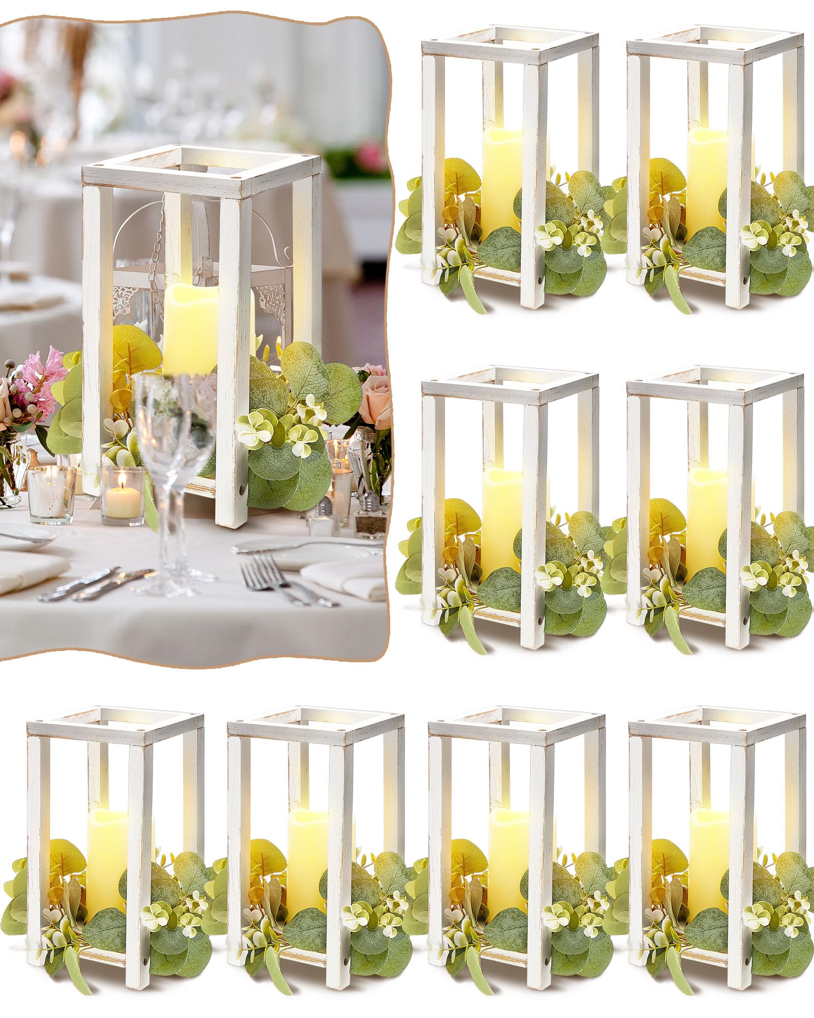Photo 1 of Huquary 16 Pcs Lantern Wedding Centerpieces Includes 8 Rustic Wooden Wedding Lantern Centerpiece for Decorative Candle and 8 Flameless Lantern Candle Holder for Valentine Wedding Table Decor(White)