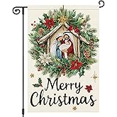Heyfibro Merry Christmas Jesus Nativity Garden Flag 12x18 Inch Double Sided Religious Xmas Wreath Garden Flags Small Yard Flag for Outside House Farmhouse Holiday Seasonal Decoration
