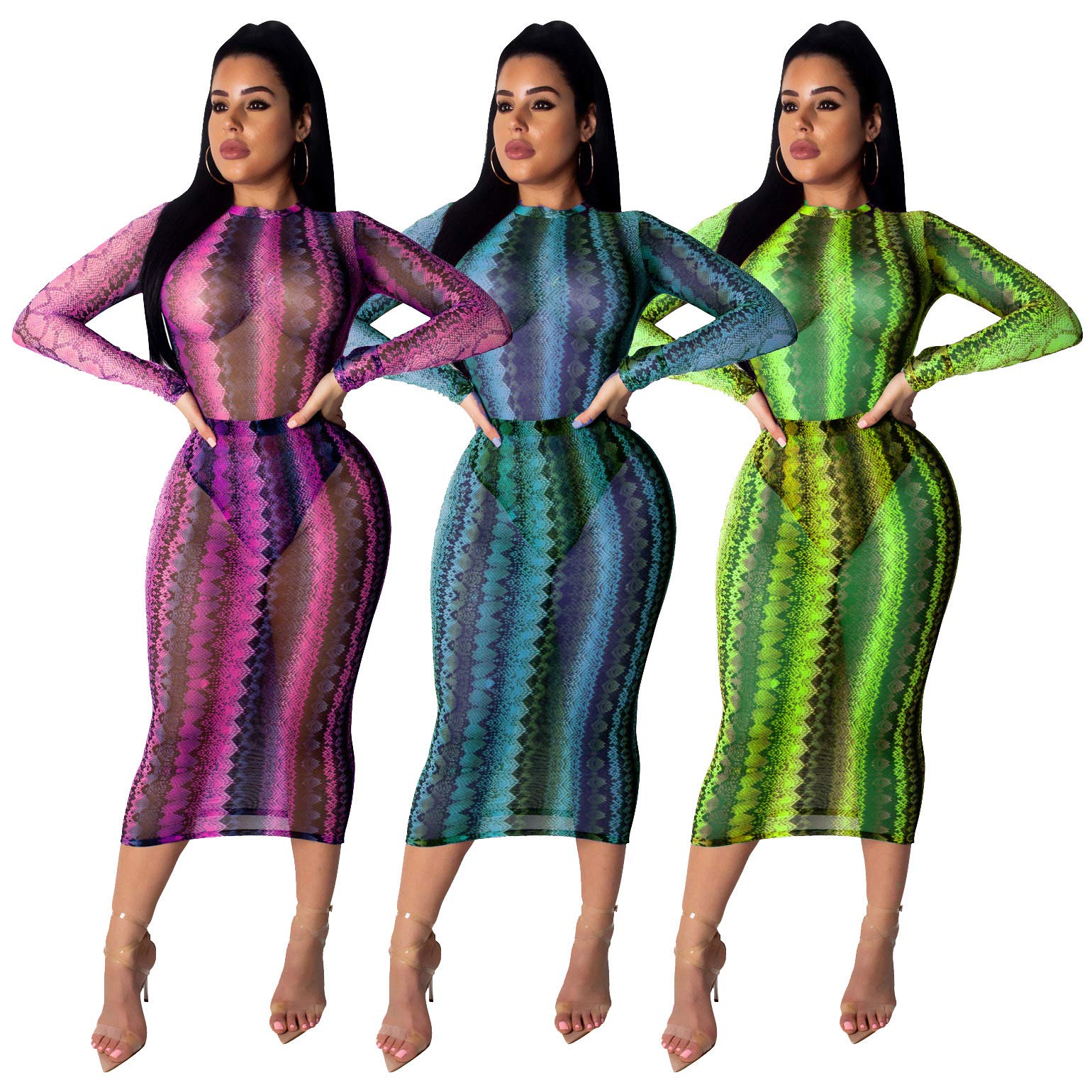 Women\'s Mesh Beach Cover Ups - Sexy See Through Long Sleeve Bodycon Midi Dress Medium Green