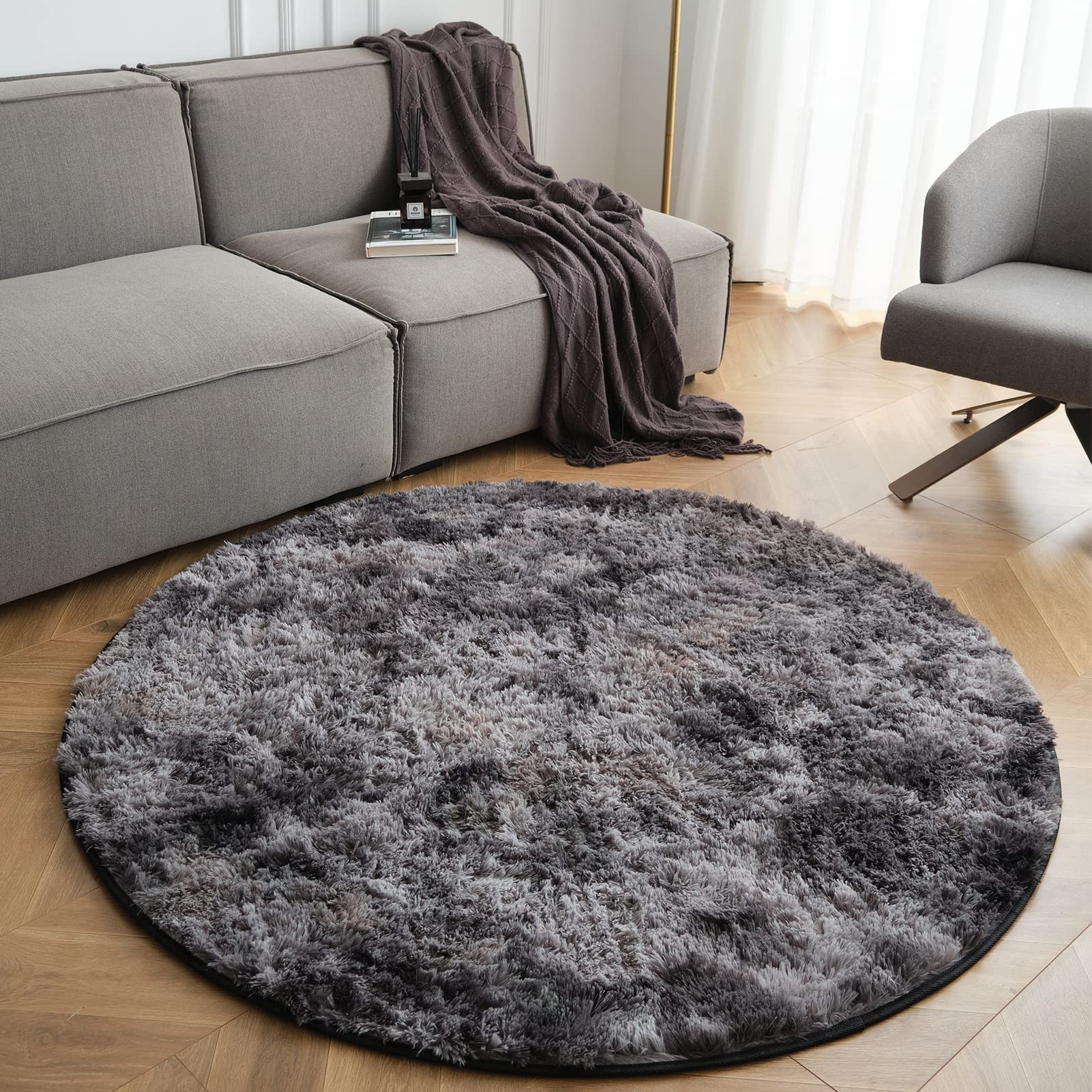 CHOSHOME Round Fluffy Rug - Large Bedroom & Living Room Decor - Non Slip, Washable, Soft Carpet Shaggy Area Rug for Kids Room - Black/Grey 120CM
