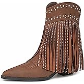 feetquake Cowboy Boots for Women Studded Rhinestone Sparkly Western Fringe Boots Vintage Faux Nubuck Black Cowgirl Boots Women