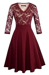 HOMEYEE Women's Chic V-Neck Lace Patchwork Flare