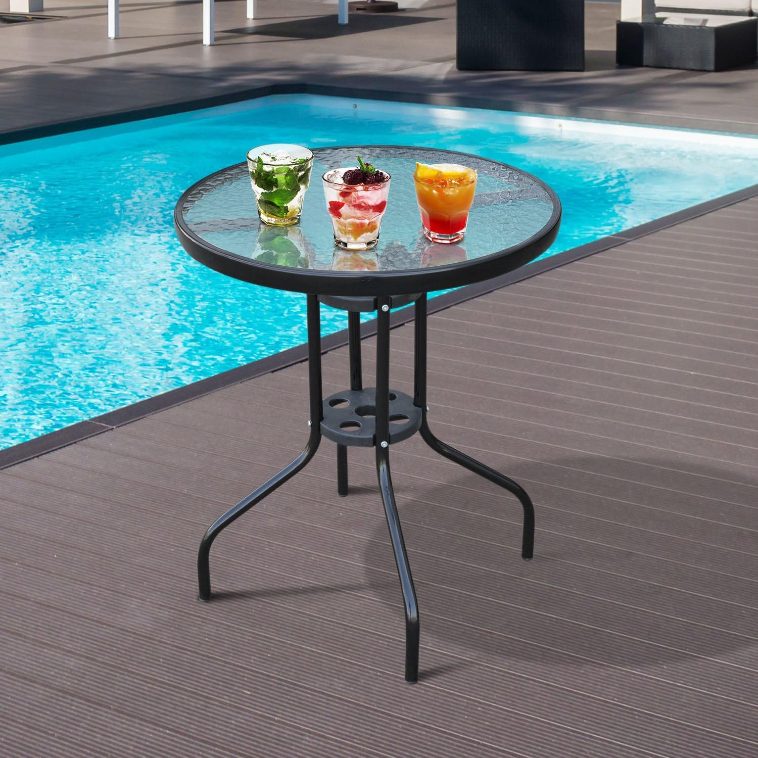 Outsunny Bistro Coffee Table Outdoor Tempered Glass Top Table Garden Round Dining Table - 60cm Diameter, Black, Φ60×70H (cm) - Image 5