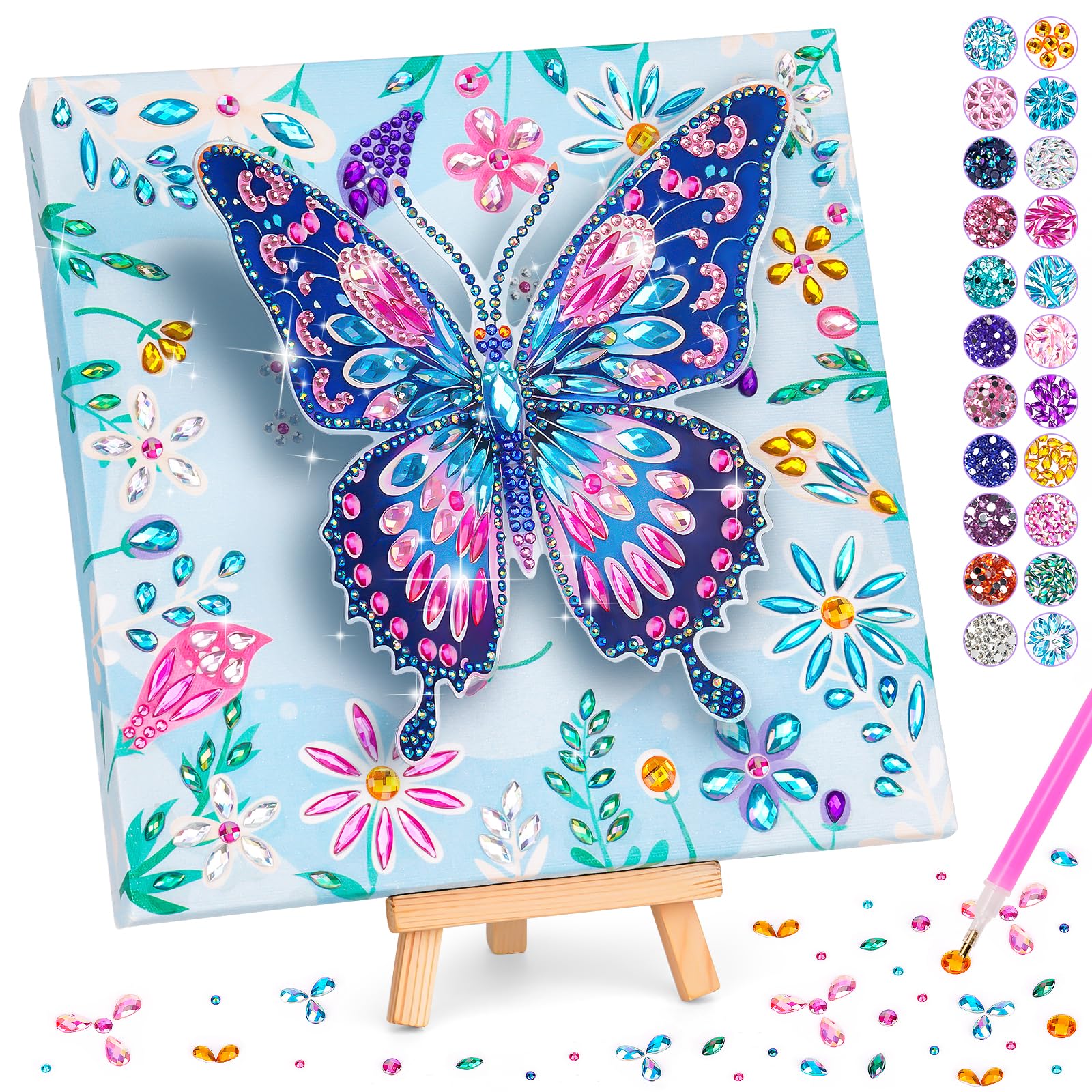 Arts and Crafts for Kids Age 6 7 8 9 10, Diamond Painting Art for Kids, Gifts for 8 9 10 Year Old Girls DIY 3D Butterfly with Wooden Canvas Creative Birthday Presents Toy for 5-12 Girl Home Decorate